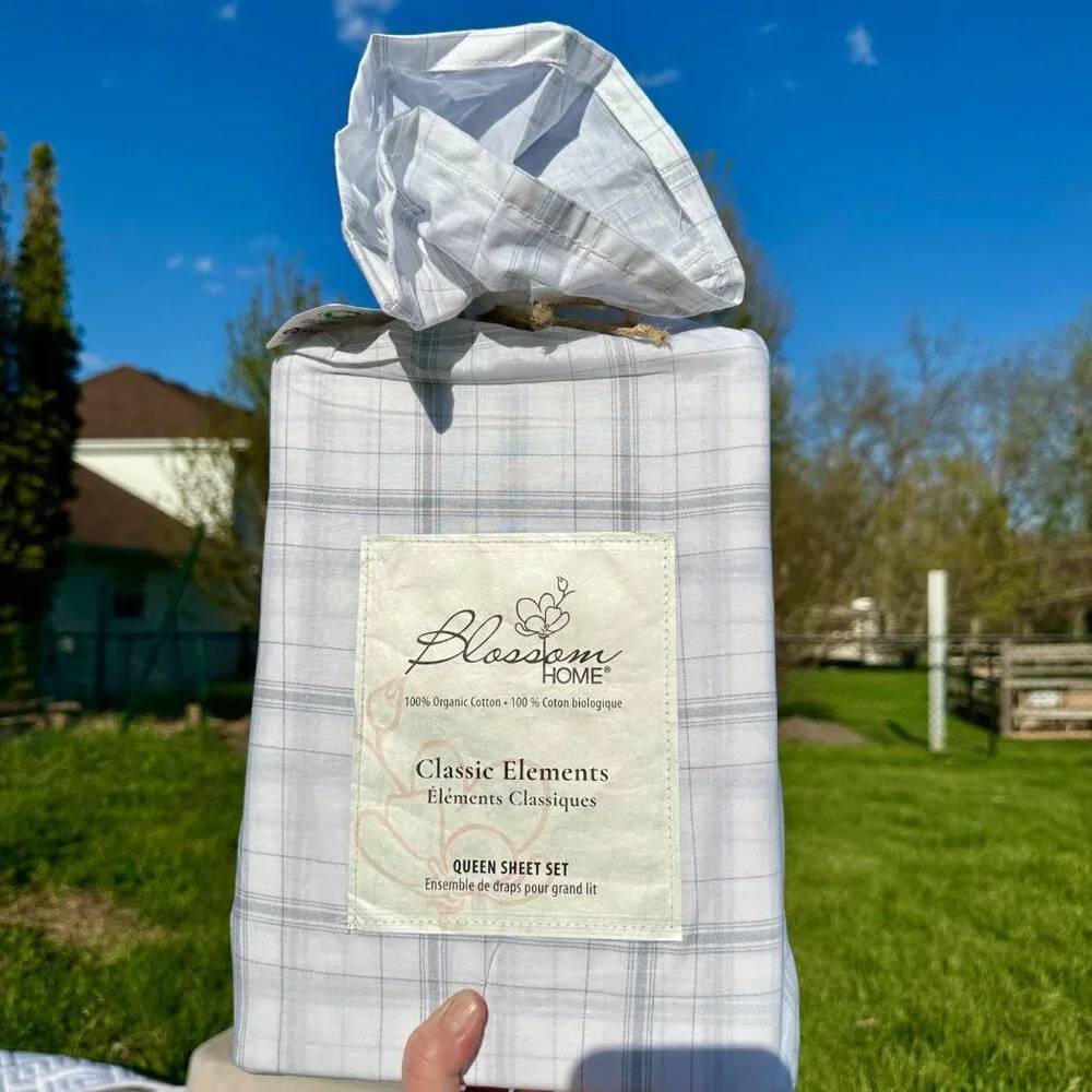 BLOSSOM HOME‎ Organic Cotton Sheet Set Queen Grey Classic Plaid